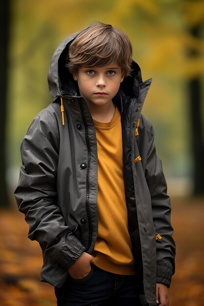 Photo boy outdoors in a raincoat looking sadly on the rainy autumn day