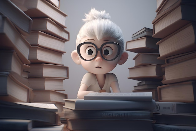 A boy in a pile of books with a book behind him.