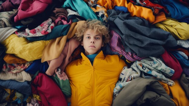 Boy in a pile of clothes The problem of overconsumption