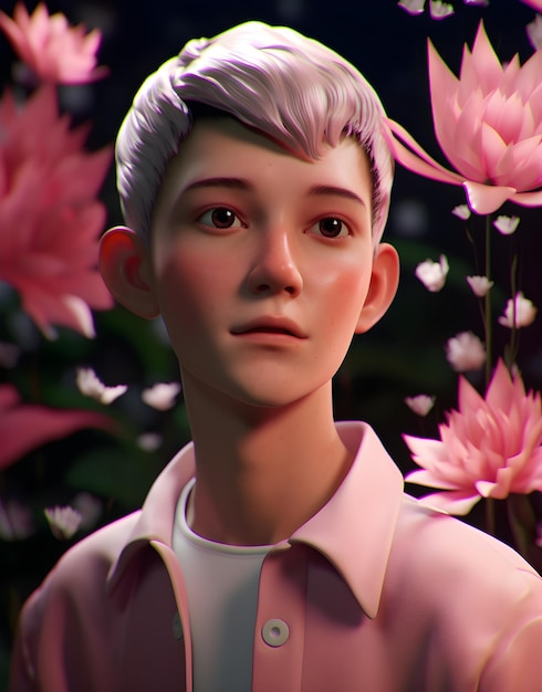 A boy in a pink shirt stands in front of flowers.