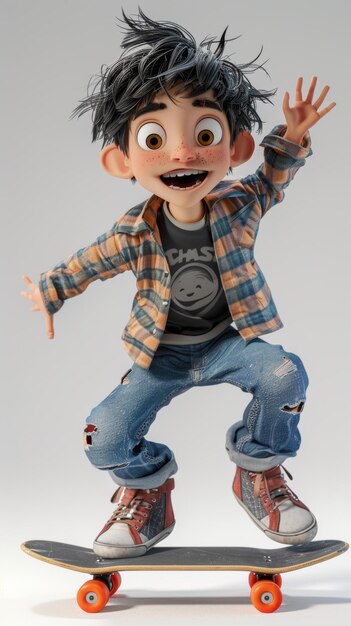 A boy in a plaid shirt and jeans is skateboarding