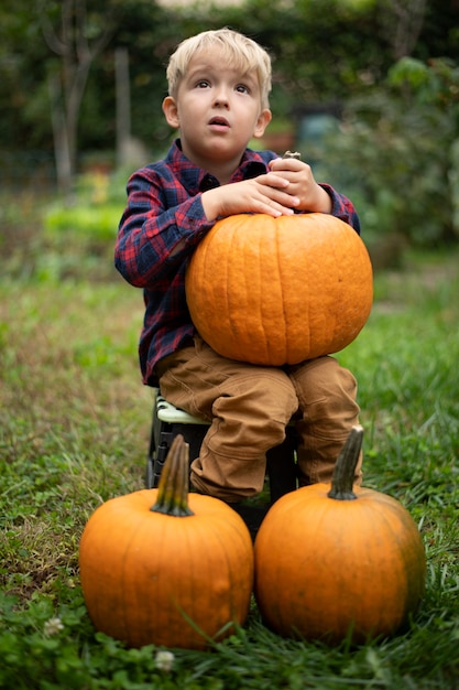 Boy in a plaid shirt sits in the garden among pumpkins