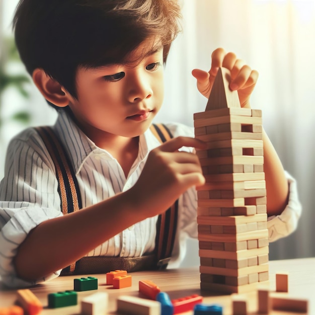 Boy play wooden puzzle