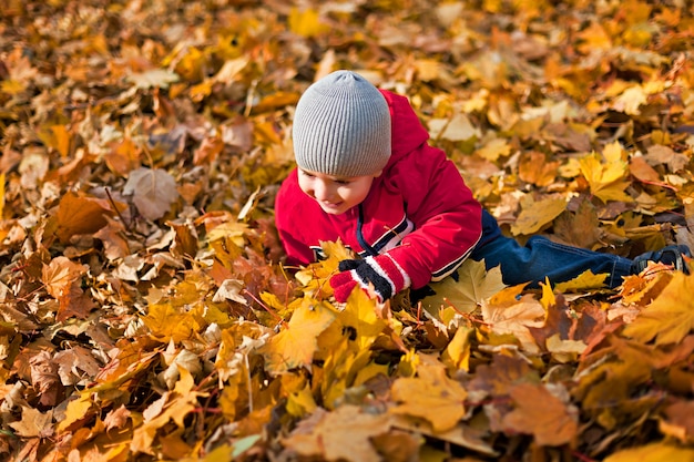 紅葉で遊ぶ少年