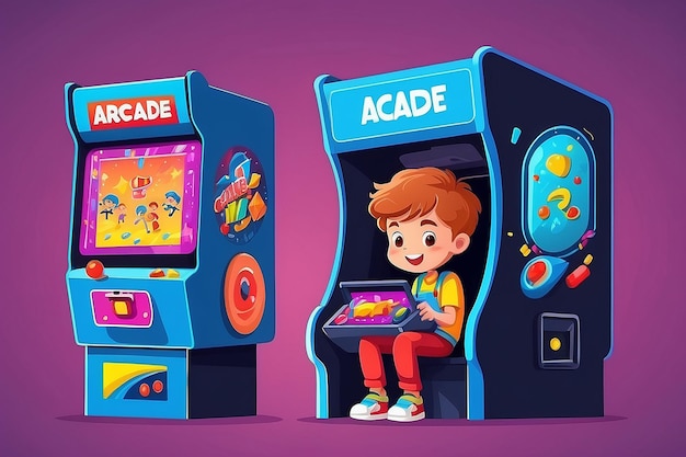 Photo boy playing arcade game cartoon vector isolated technology