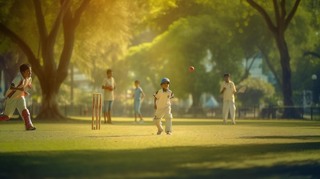 A boy playing cricket in a park with a ball and a boy wearing a white uniform.