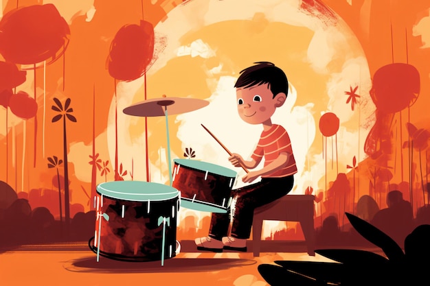 Photo a boy playing a drum set with a red background and the word 