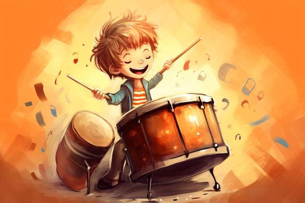 A boy playing a drum with a red hair and a blue shirt that says " the word drum " on it.