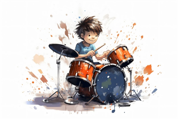 A boy playing the drums with a splash of paint.