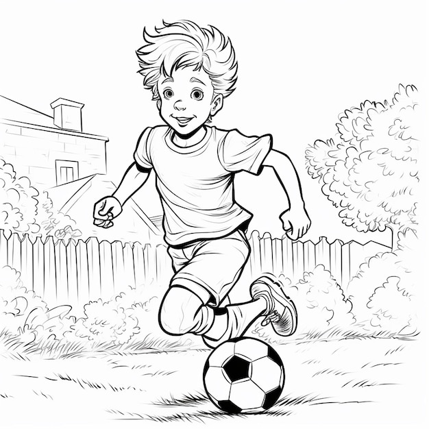 Photo boy playing football for coloring book