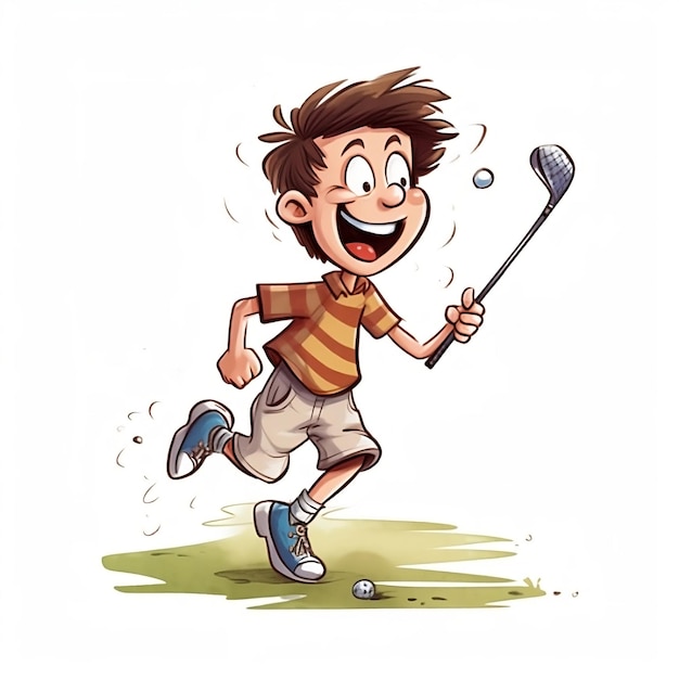 手にクラブとスティックを持ってゴルフをしている少年。