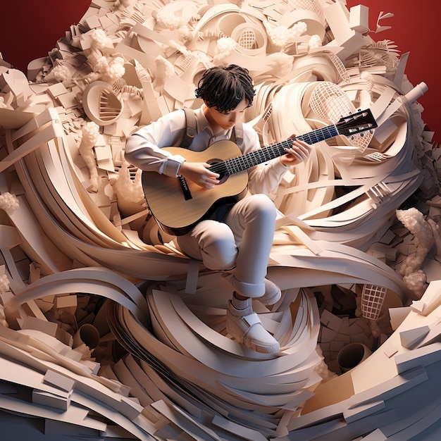 Photo a boy playing a guitar in a sculpture by a man