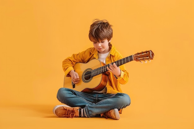 a boy playing a guitar with a yellow background