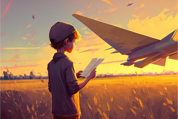 Boy playing near airplanes The boy plays paper airplanes and looking at planes flying in the sunset sky Digital art style illustration painting