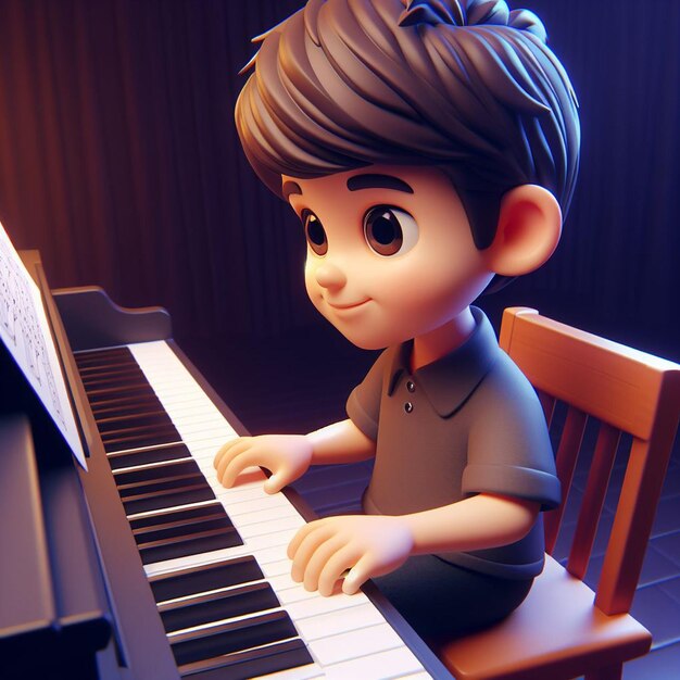 Boy playing piano on stage 3d character