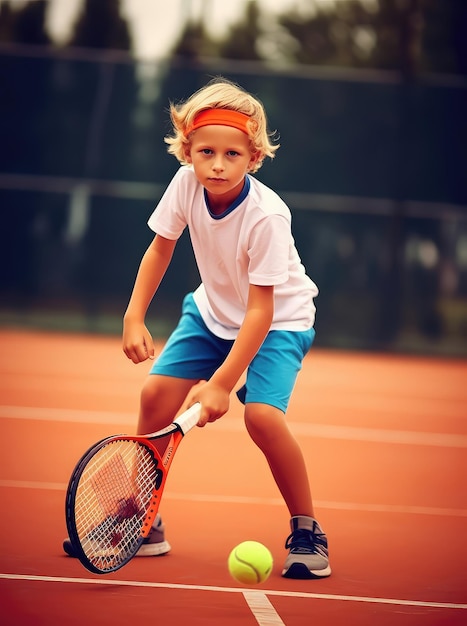 Boy playing tennis on the court