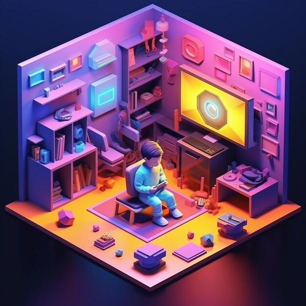 Photo boy playing video games in a isometric room