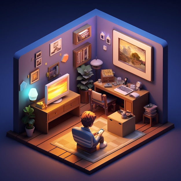 Boy playing video games in a isometric room