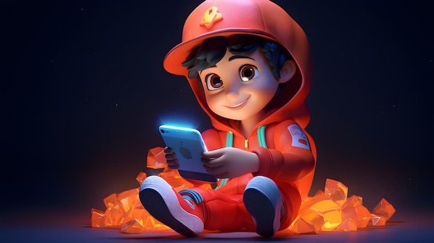 boy playing video games on mobile 3d render