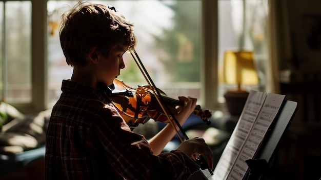 A boy playing violin at school