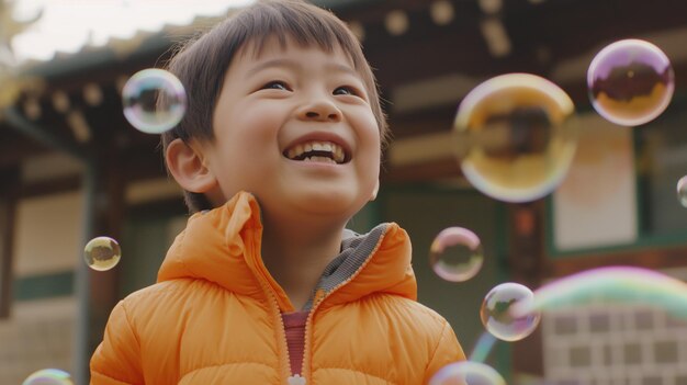 a boy playing with bubbles