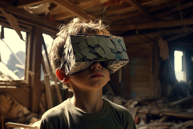 A boy playing with a cardboardmade visor