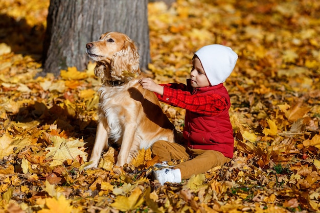 Boy playing with dog Little child having fun in autumn park Friendship between kids and pets