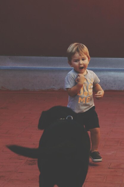 Boy playing with dog