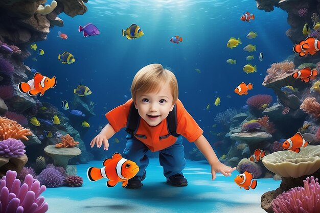 Photo boy playing with nemo clown fish boy playing with aquarium nemo clown fish