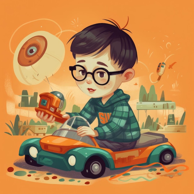 Boy playing with toy car cartoon illustration with generative ai