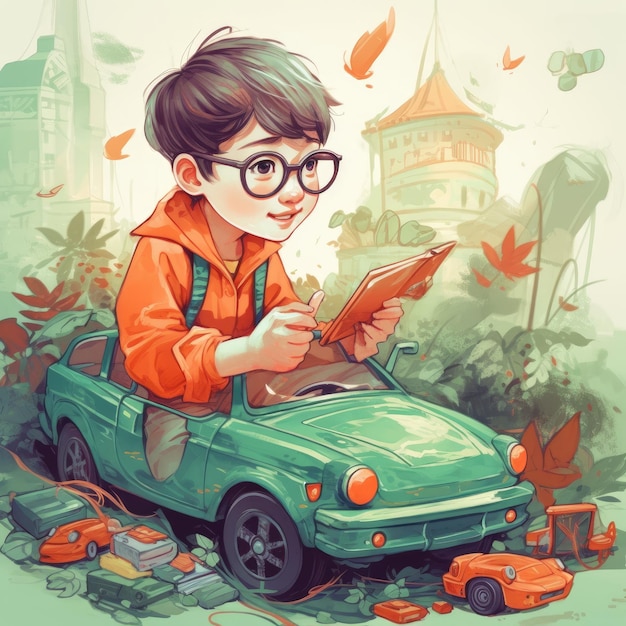 Boy playing with toy car cartoon illustration with generative ai