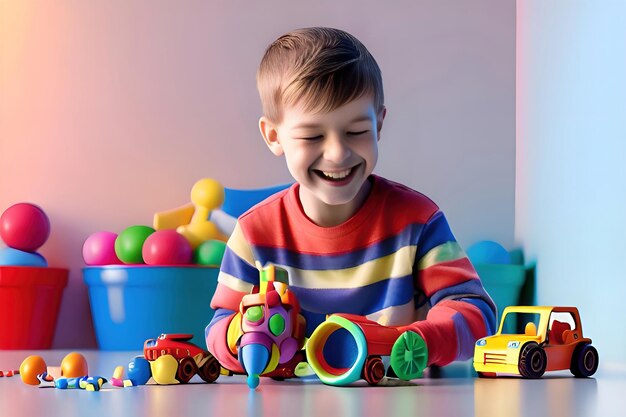 A boy playing with a toy car