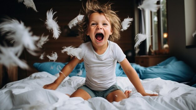 A Boy Playing with Toys on a Duvet AI Generated