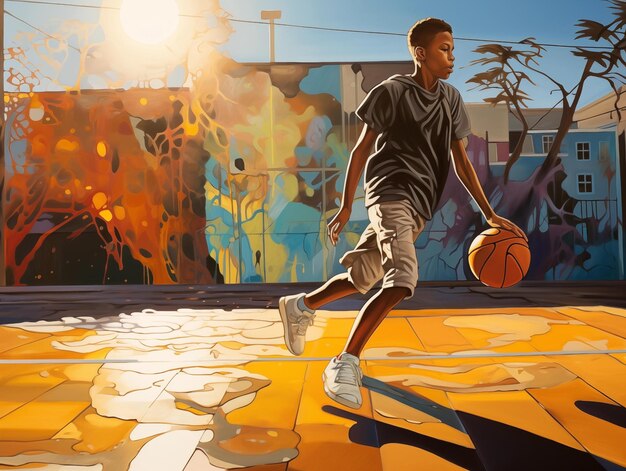 Photo a boy plays basketball at sunset in an urban park