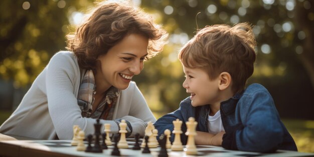 Photo a boy plays chess with his mother generative ai