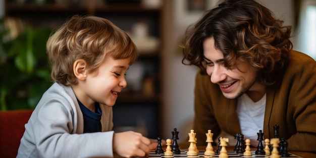 Photo a boy plays chess with his mother generative ai