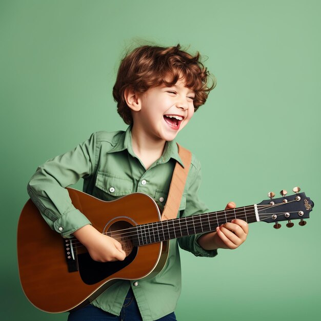 Photo a boy plays the guitar on a green backgroundai