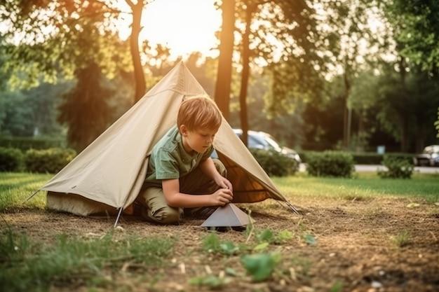 A boy plays in a tent with a stick.