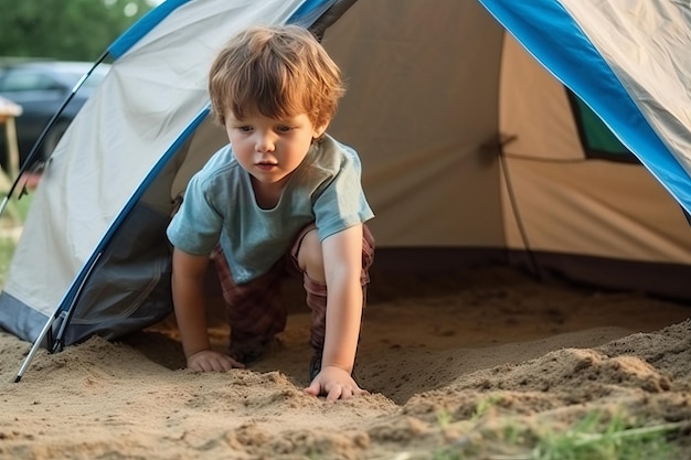 A boy plays in a tent with the word camping on it