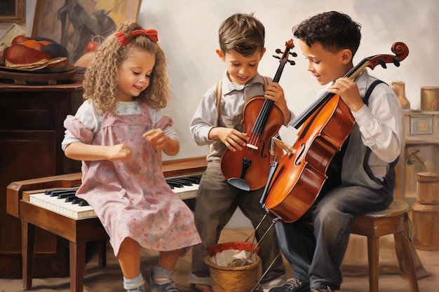 A boy plays violin with other children playing violin.