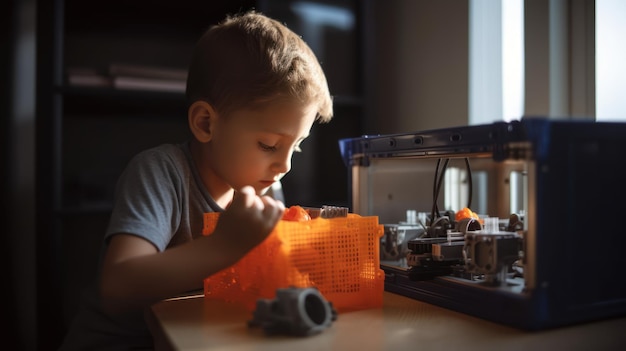 A boy plays with a 3d printer