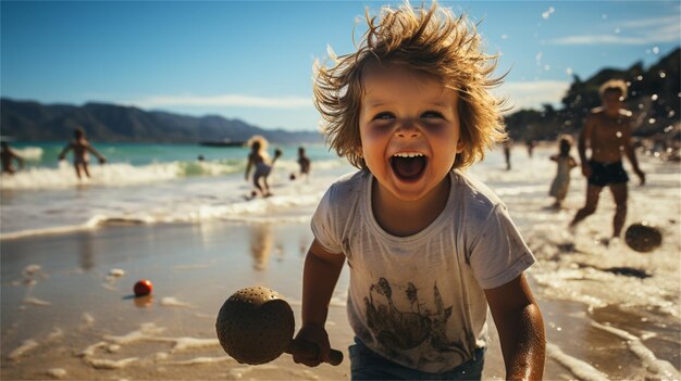 Photo a boy plays with a ball on the beach.