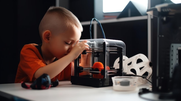 A boy plays with a diy 3d printer.