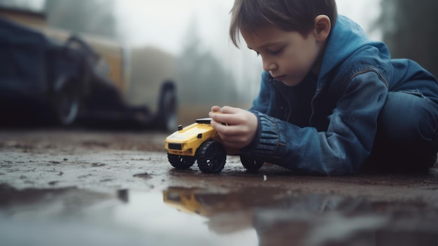 A boy plays with a toy car on a rainy day.