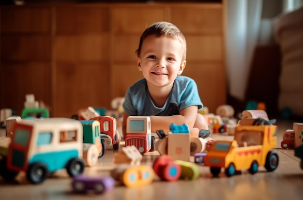 男の子がおもちゃのトラックで遊んでいます。