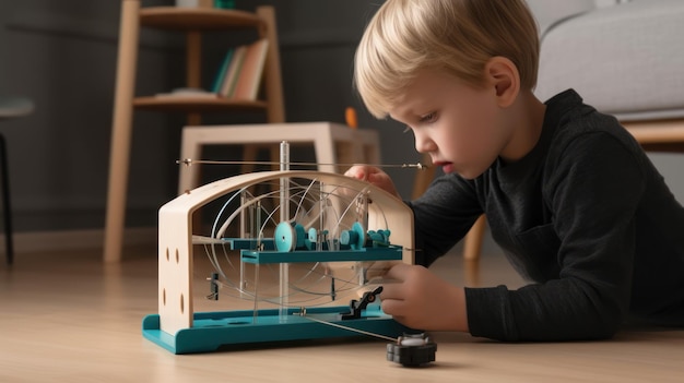 A boy plays with a toy windmill.