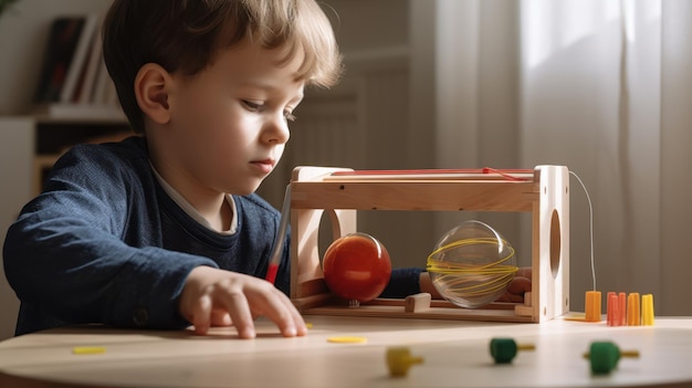 A boy plays with a wooden toy