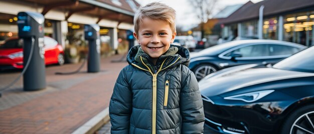 A boy points an ev charger at the camera while on a road trip in an environmentally friendly ev