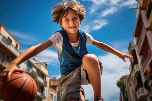 A boy practices his basketball skills by aiming at the basket Determination