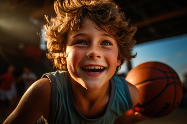 A boy practices his basketball skills by aiming at the basket Determination